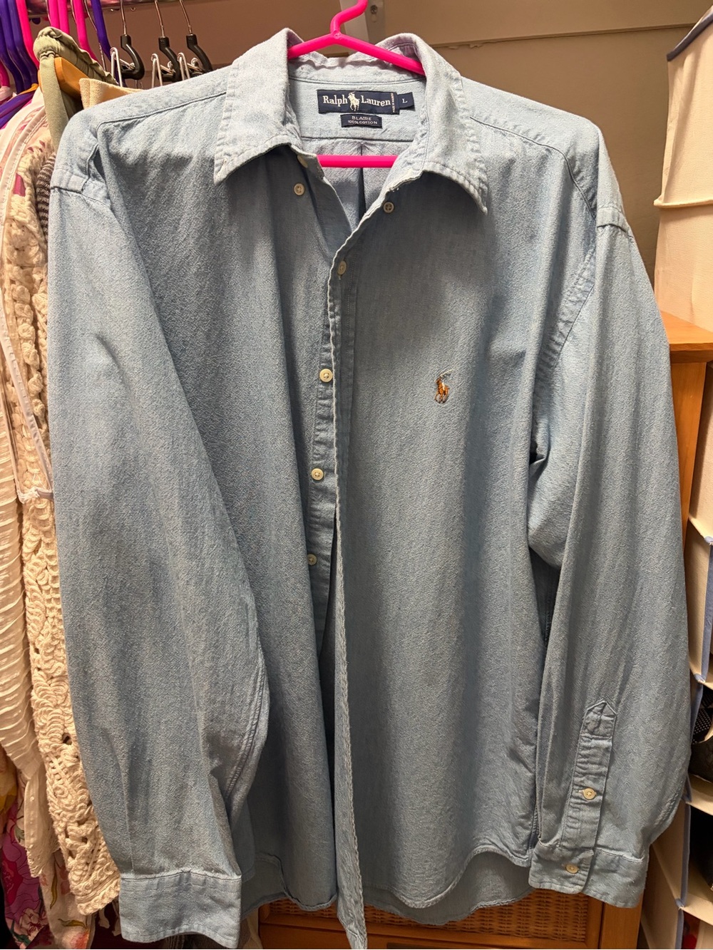 Large Vintage Ralph Lauren Light Blue Denim Button-Down Shirt with Polo Logo